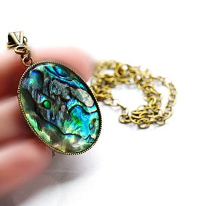 Rainbow Abalone Necklace: Handmade Paua Shell Pendant, Gold Chain