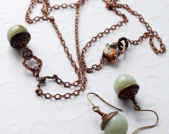Copper Jade Necklace & Earrings, Jewelry Set, Birthday Gift for Her