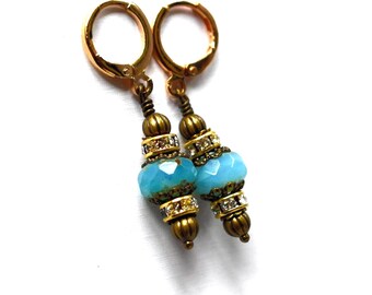 Teal Blue Czech Crystal Earrings: Antique Gold Brass Boho Dangles