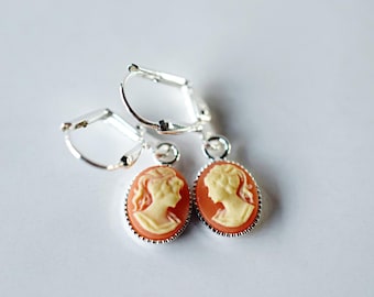 Silver Carnelian Cameo Drop Earrings: Victorian Style Mini Dangles