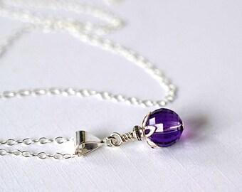 Sterling Amethyst Necklace : AA Micro Faceted Ball Purple Gemstone Pendant