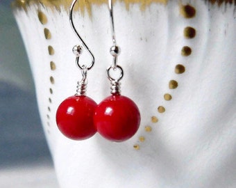 Dainty Red Coral Earrings - Petite Sterling Silver - Stone Drops - Birthday Gift