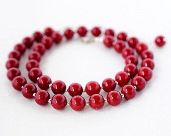 Dark Red Coral Necklace - Sterling Silver - Statement Red Necklace - Handmade Coral Jewelry - Personalized Gifts for Her Birthday Gift
