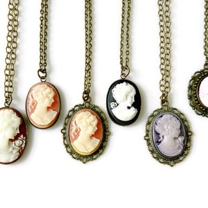 Your choice of Cameo Necklace. These victorian downton abbey designed cameo necklaces come in different colors, bezels and on customized chain lengths.  Handmade jewelry by MsBsDesigns.