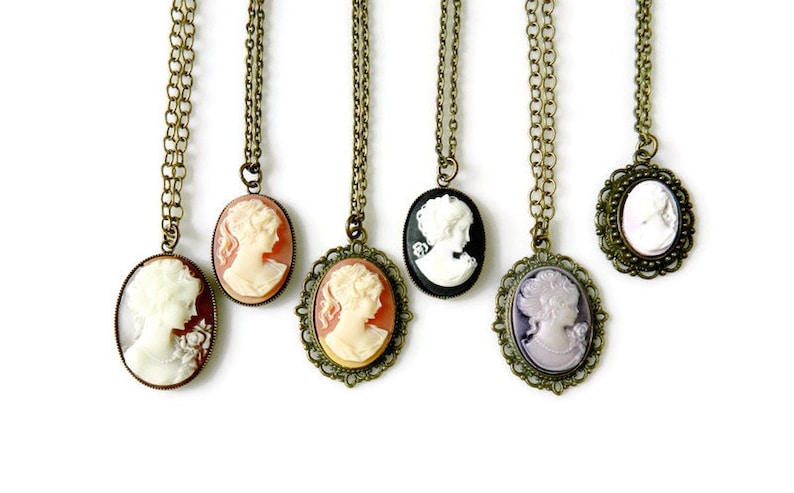 Your choice of Cameo Necklace. These victorian downton abbey designed cameo necklaces come in different colors, bezels and on customized chain lengths.  Handmade jewelry by MsBsDesigns.