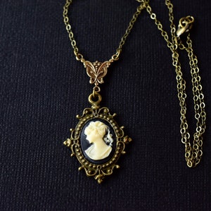 Dainty Woman Cameo Necklace, Victorian Lady Cameo Pendant, Choker, Antique Gold Brass Hypoallergenic Chain, Black Cameo Jewelry image 4