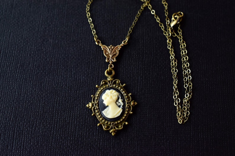 Dainty Woman Cameo Necklace, Victorian Lady Cameo Pendant, Choker, Antique Gold Brass Hypoallergenic Chain, Black Cameo Jewelry image 4