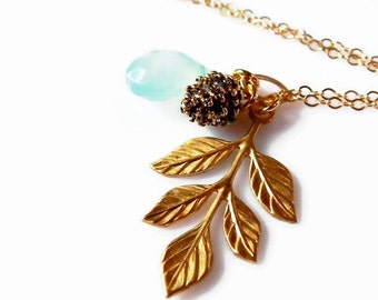 Gold Leaf & Pinecone Necklace, Blue Green Chalcedony Pendant Gold Hypoallergenic Chain Gold Charm Necklace, Gemstone Jewelry Birthday Gift