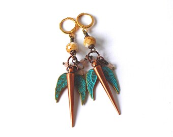 Long Patina Teal Wing Dangle Earrings, Bohemian Mix Metals Spike Hoop Charm Drops