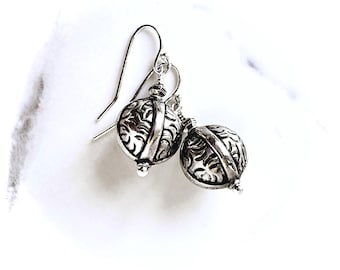 Bali Sterling Silver Ball Drop Earrings: Ornate Indonesian Puff Dangles Everyday Jewelry