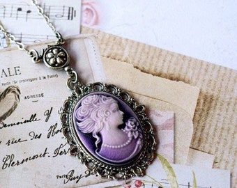 Silver Chain Necklace with Victorian Purple Cameo Pendant, Violet Cameo Necklace, Gift for Women, Cameo Jewelry