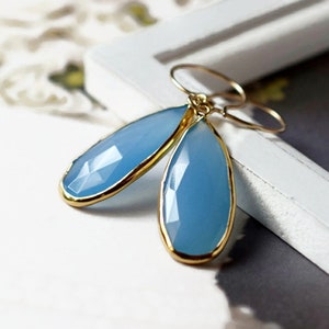 Blue Chalcedony Earrings, Big Teardrops, Aqua Blue Stone Earrings, 14K Gold Filled Half Hoops, Baby Blue Statement Earrings, Gemstone Drops