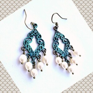 Whimsy Verdigris Patina Pearl Chandelier Earrings: Filigree Dangles image 2