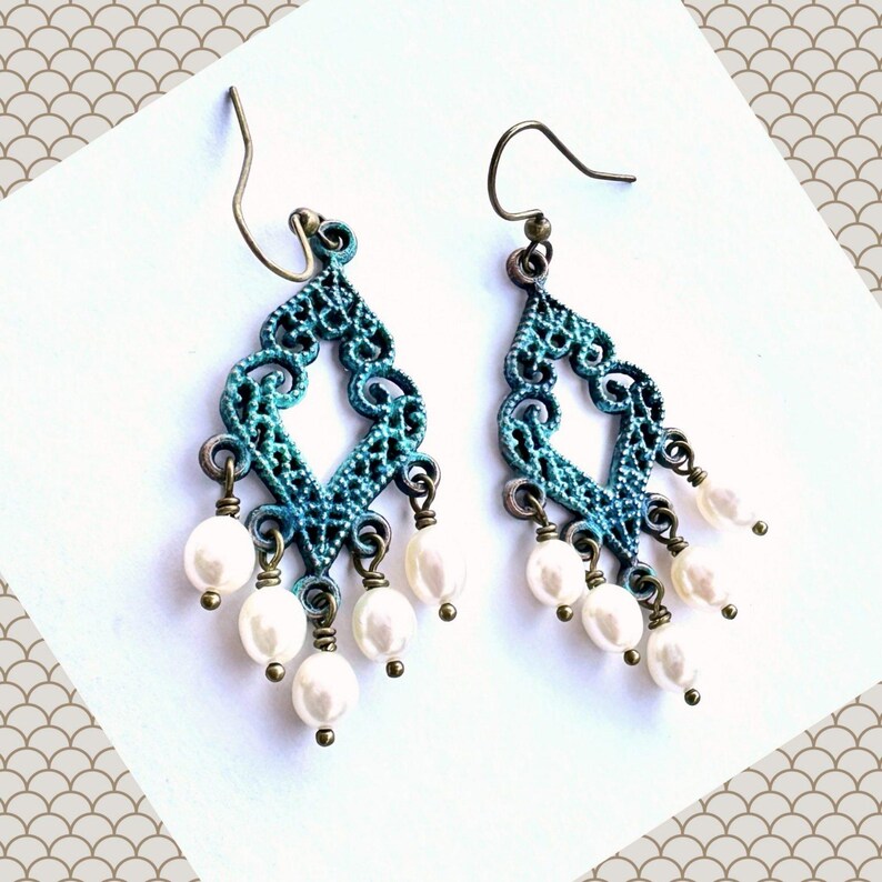 Whimsy Verdigris Patina Pearl Chandelier Earrings: Filigree Dangles image 2