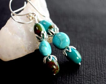 Kingman Turquoise Earrings: Green Stone Sterling Silver Dangle Earrings