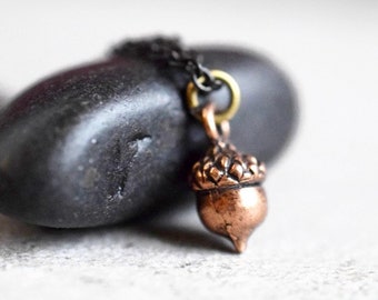 Puede incluir: Un dije de bellota de cobre cuelga de un collar de cadena negra. El dije está detallado con una tapa de bellota texturizada y un cuerpo liso y redondeado.