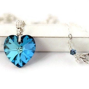 Teal Prism Crystal Heart Necklace Sterling Silver Wrapped Bermuda Blue Heart Pendant Sterling Silver