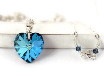 Teal Prism Crystal Heart Necklace - Sterling Silver Wrapped Bermuda Blue Heart Pendant