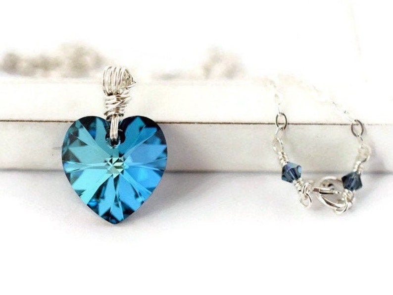 Teal Prism Crystal Heart Necklace Sterling Silver Wrapped Bermuda Blue Heart Pendant Sterling Silver