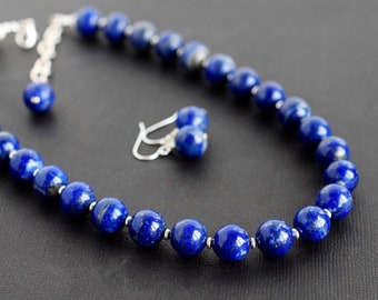 Bold Lapis Lazuli Necklace, Beaded Indigo Blue Stone Sterling Silver, Handmade Personalized Jewelry Set Mother's Day Gift for Her