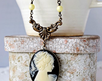 Large Black Cameo Necklace Antique Gold Brass Chain Neo Victorian Personalized Jewelry