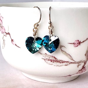 Bermuda Blue Crystal Heart Earrings Blue Earrings 14K Gold Filled Sterling Silver Minimalist Jewelry Custom Color Birthday  Gift