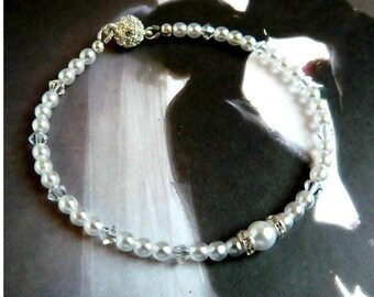 Pearl Bridal Bracelet Rhinestone Magnetic Clasp