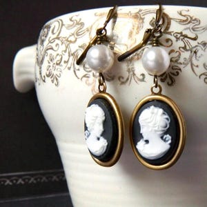 Pearl Cameo Earrings White & Black Cameo Pearl Earrings Victorian Pearl Drop Earrings Vintage Style Downton Abbey Gold  Cameo Portrait