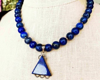 Lapis Lazuli Necklace & Indigo Lapis Pendant, Sterling Silver, Navy Beaded Necklace, Blue Necklace, Fashion Statement Gift for Her