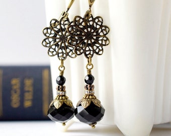 Long Renaissance Crystal Black Earrings, Antique Brass Filigree Leaf Petal Drops