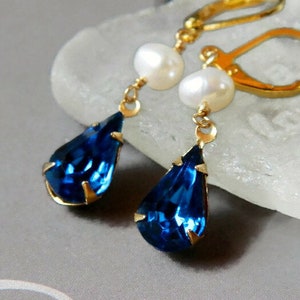 Capri Blue & Freshwater Pearl Earrings Gold, Long Earrings Pearl, Indigo Navy Bridal Wedding Jewelry image 2