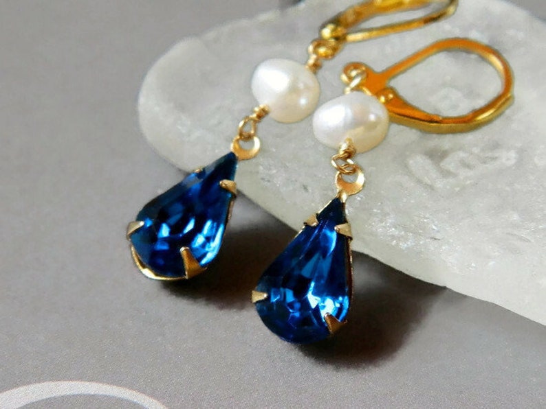 Capri Blue & Freshwater Pearl Earrings Gold, Long Earrings Pearl, Indigo Navy Bridal Wedding Jewelry image 2
