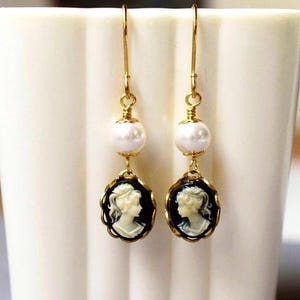 Victorian Cameo Pearl Earrings - Long Black Cameo Drop Earrings - Gold Dangles - Birthday Gift For Her
