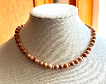Beaded Moonstone Gemstone Necklace Peach Orange Gold Natural Stones