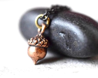 May include: A copper acorn charm necklace with a black chain. The acorn is detailed with a textured cap and a smooth, rounded body.