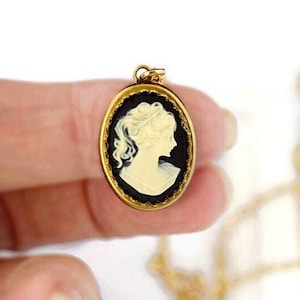 Victorian Cameo Necklace, Black Cameo Pendant, Gold Layering, Ivory & Black Lady Cameo, Small Cameo Jewelry