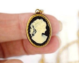 Victorian Cameo Necklace, Black Cameo Pendant, Gold Layering, Ivory & Black Lady Cameo, Small Cameo Jewelry