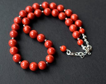 Statement Red Coral Necklace Sterling Silver Genuine Beaded Red Stone Necklace Birthday Gift Mother's Day Gift Handmade Jewelry