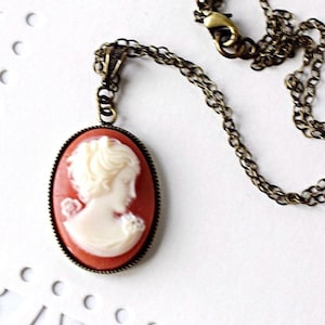 Silhouette Cameo Necklace, Carnelian Cameo Necklace in Gold, Victorian Lady Cameo Pendant, Downton Abbey Cameo Jewelry
