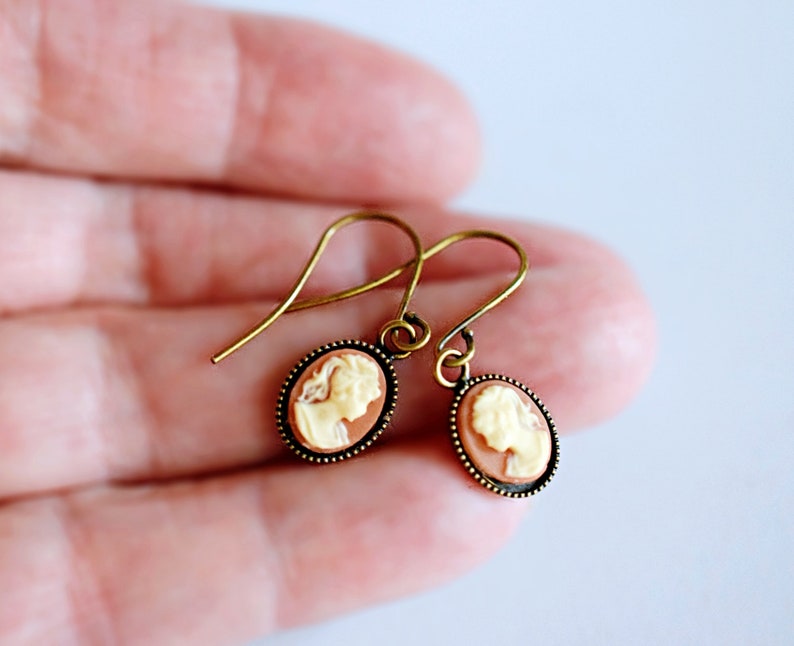 Mini Gold Cameo Earrings in Ivory & Carnelian Cameo Drop Earrings, Gifts for Her Victorian Jane Austin Style image 7