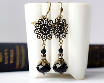 Renaissance Black Crystal Earrings, Antique Brass Filigree Flower Dangles, Goth Jewelry