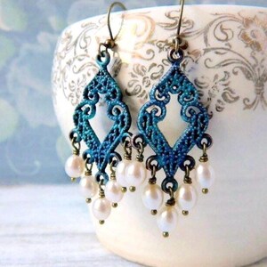 Whimsy Verdigris Patina Pearl Chandelier Earrings: Filigree Dangles image 1