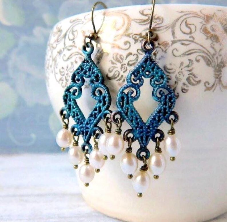 Whimsy Verdigris Patina Pearl Chandelier Earrings: Filigree Dangles image 1