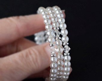 Wrap Your Wrist in Sparkling Pearls and Crystals - Stunning Memory Wire Bracelet, Beaded Multi Strand Handcrafted Bridal Jewelry
