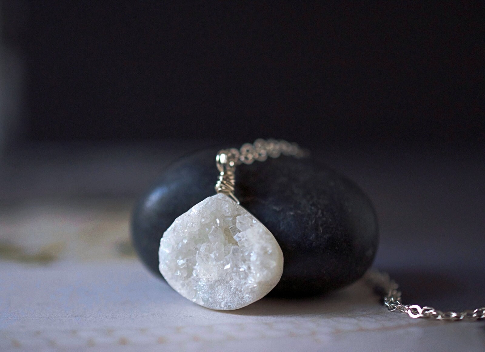White Druzy Necklace Raw Crystal Teardrop Druzy Pendant Etsy