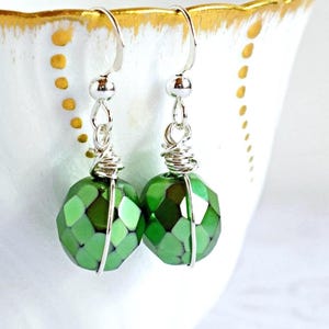 Iridescent Green Carmen Earrings Sterling Silver Wire Wrapped Czech Glass Bead Dangle Drop Earrings Bright Green Earrings Gift for Her