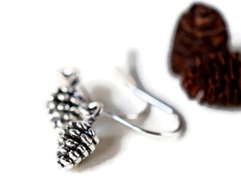 Tiny Pinecone Earrings - Minimalist Boho Antique Silver Charm Earrings, Silver Drops - Nature Lovers Personalized Gifts