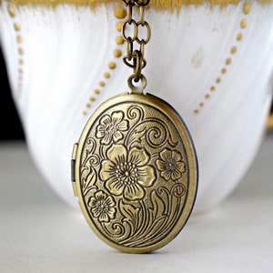 Antique Gold Locket Necklace Cherry Flower Design with Brass Chain