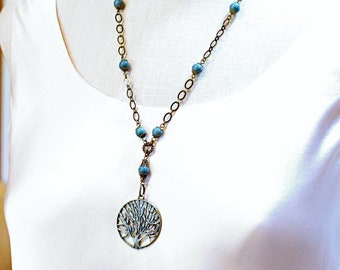 Weeping Willow Family Tree Necklace, Verdigris Patina Gold Charm Necklace with Turquoise Stones, Long Pendant Necklace, Hypoallergenic Chain