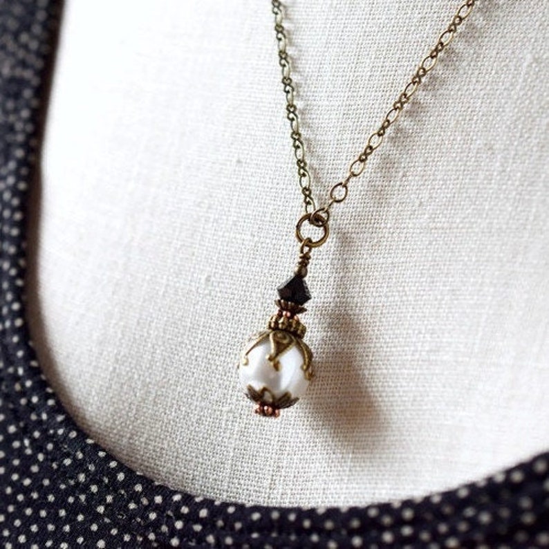 Victorian Pearl Pendant Necklace with Black Crystal Tuxedo Wedding image 1